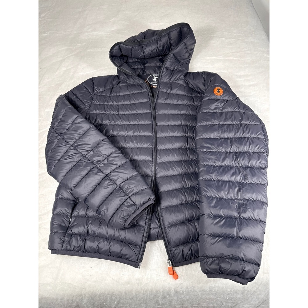Save The Duck Ultra Light Jacket Mens XL Navy Blue Hooded Puffer Animal Free